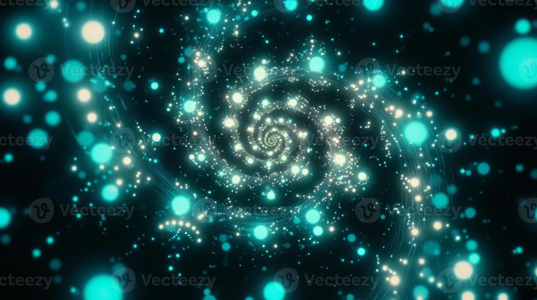 Turquoise dots scatter across a dark backdrop, forming a dynamic spiral. The particles pulse with a soft, cool light, creating an enchanting cosmic effect that draws viewers into its depths. photo