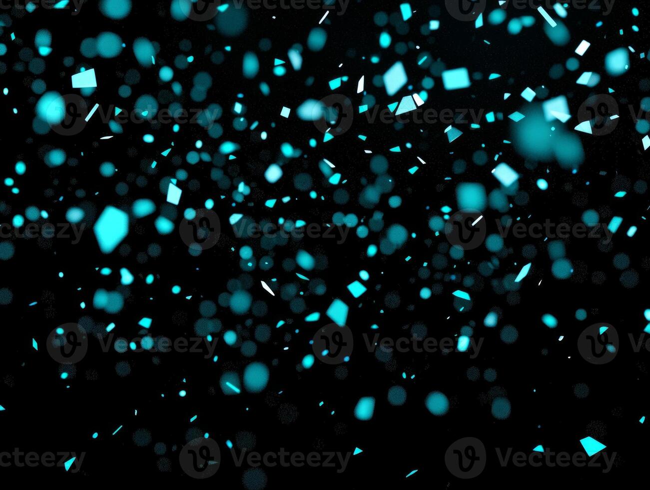Small turquoise dots scatter chaotically across a dark background, glowing at varying intensities, creating an enchanting stardust effect reminiscent of the cosmos. photo