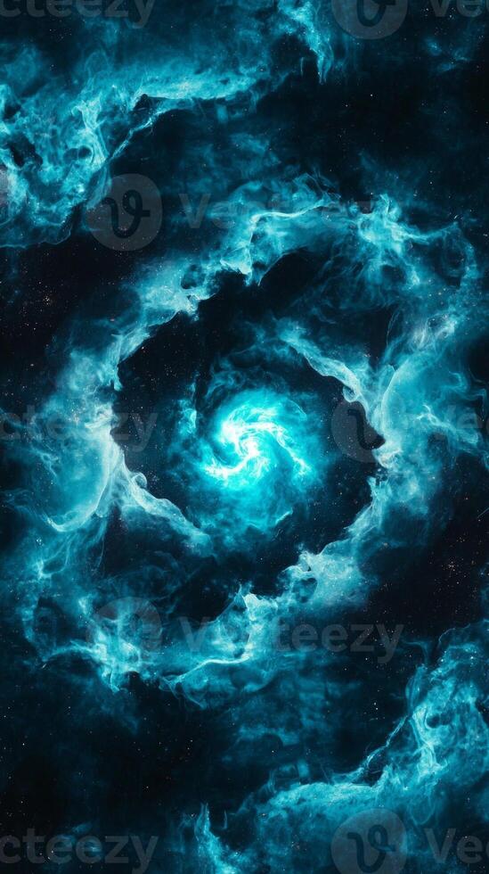 Turquoise particles whirl and glow intensely from the center, creating a stunning vortex filled with cosmic energy and dynamic movement that captivates the viewer. photo