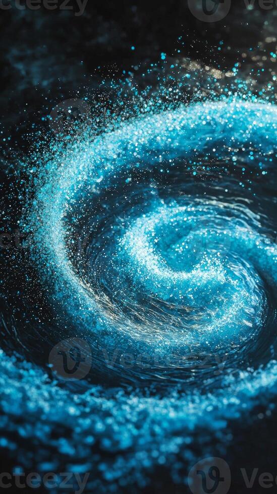 Dynamic turquoise particles whirl together, forming an intense vortex that glows with cosmic energy against a shadowy background, creating a mesmerizing visual spectacle. photo