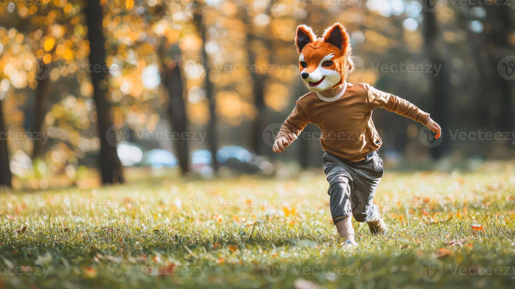 young boy donning a charming fox mask enthusiastically scurries on all fours through a lush green lawn framed by colorful autumn foliage. photo