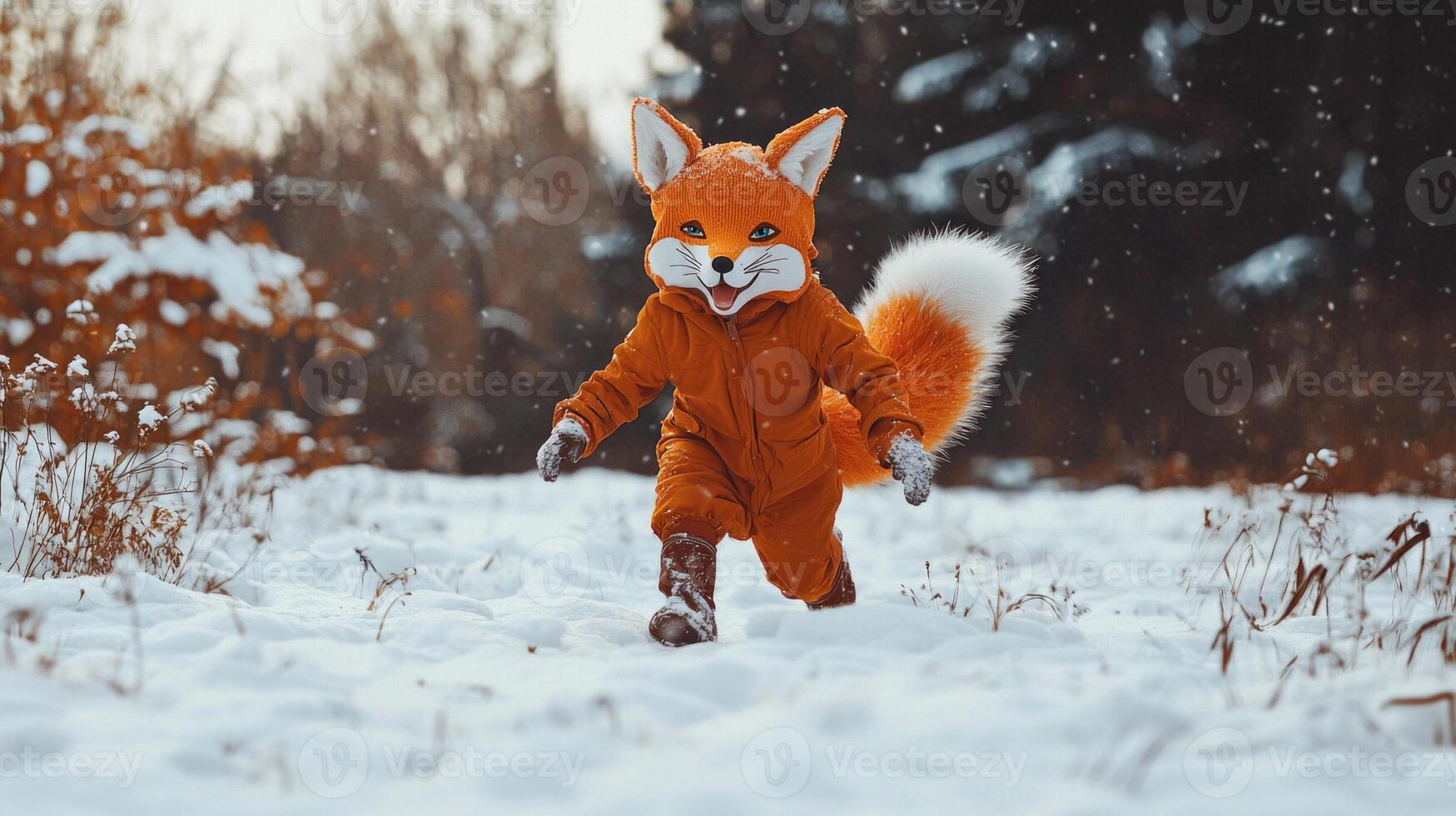 Quadrobic girl sporting a charming fox mask and tail gleefully sprints over the snowy lawn embracing the joy of winter in an enchanting landscape. photo