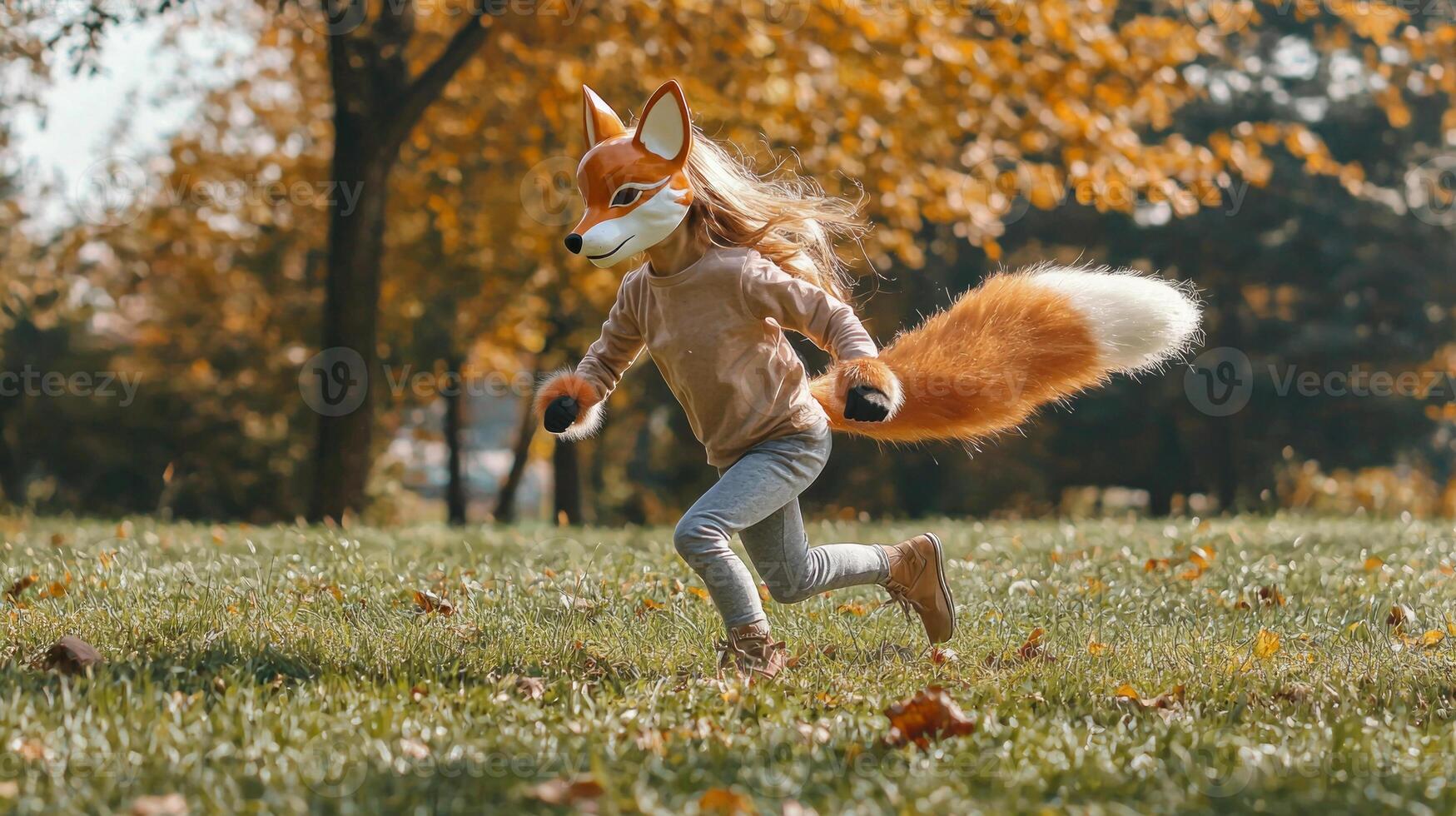 young girl adorned with a vibrant fox mask and a fluffy tail joyfully scampers on all fours across a lush green lawn surrounded by autumn leaves embodying pure whimsy. photo