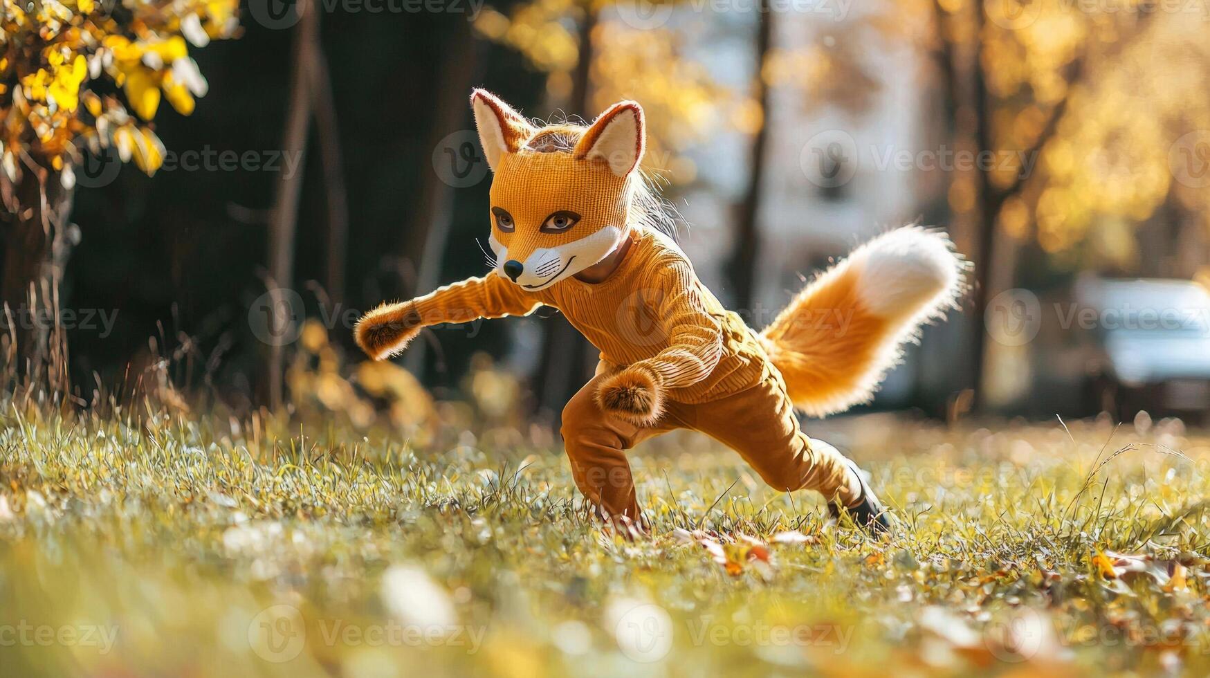 With a burst of enthusiasm a girl in a fox mask and tail gleefully runs on all fours across a sunlit lawn adorned with autumn leaves embodying pure joy and imagination. photo