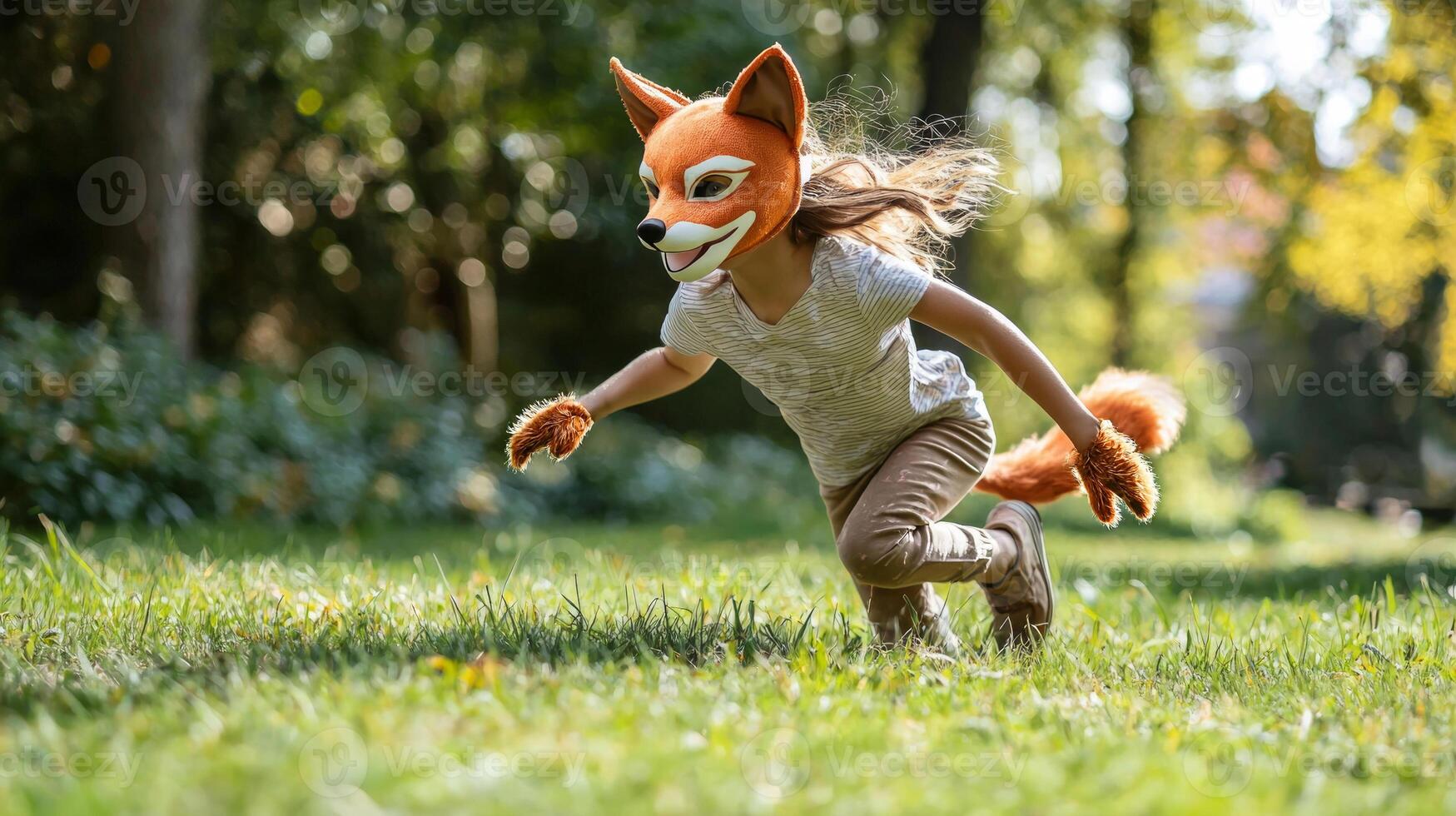 Excited and carefree a Quadrobic girl in a vibrant fox mask runs on all fours through a grassy lawn embracing the thrill of outdoor play. photo