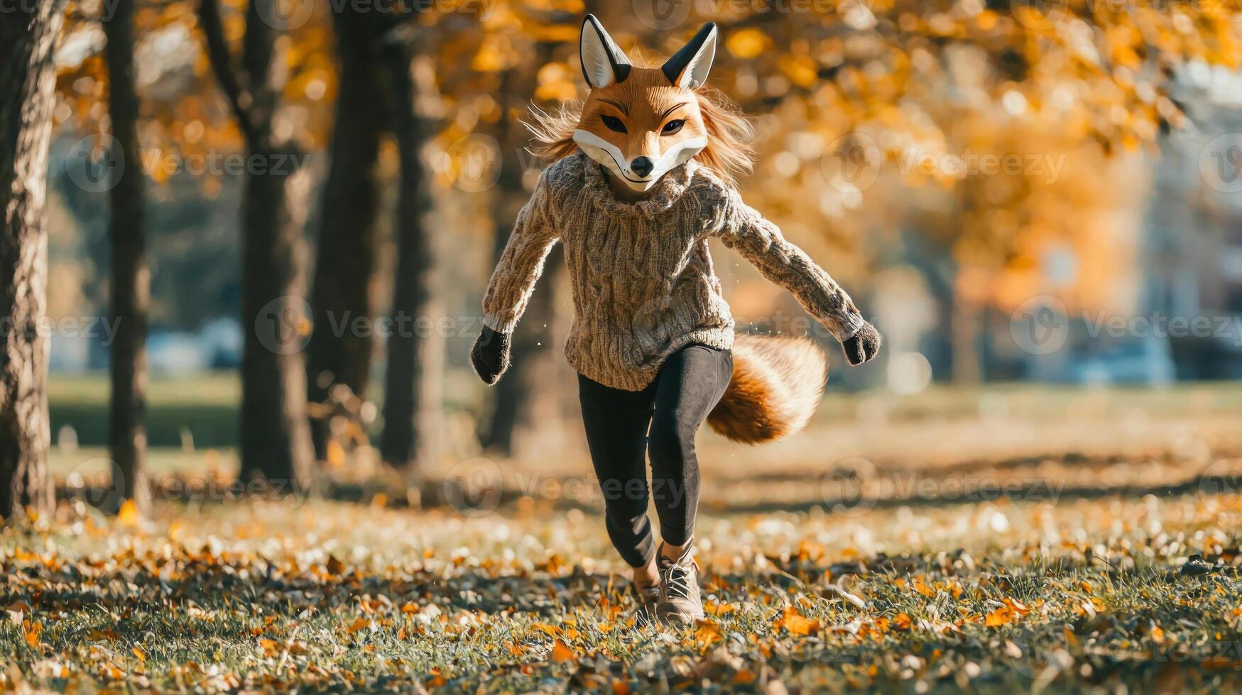 Amidst a vibrant autumn landscape a girl wearing a fox mask joyfully runs on all fours across a lawn embodying the essence of childhood creativity and freedom. photo