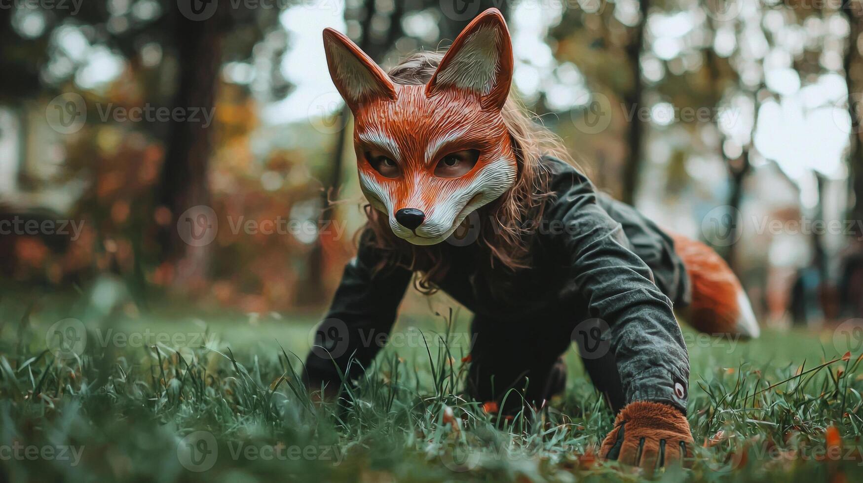 In a whimsical outdoor setting a Quadrobic girl dons a playful fox mask while swiftly navigating the lawn on all fours surrounded by the beauty of nature. photo