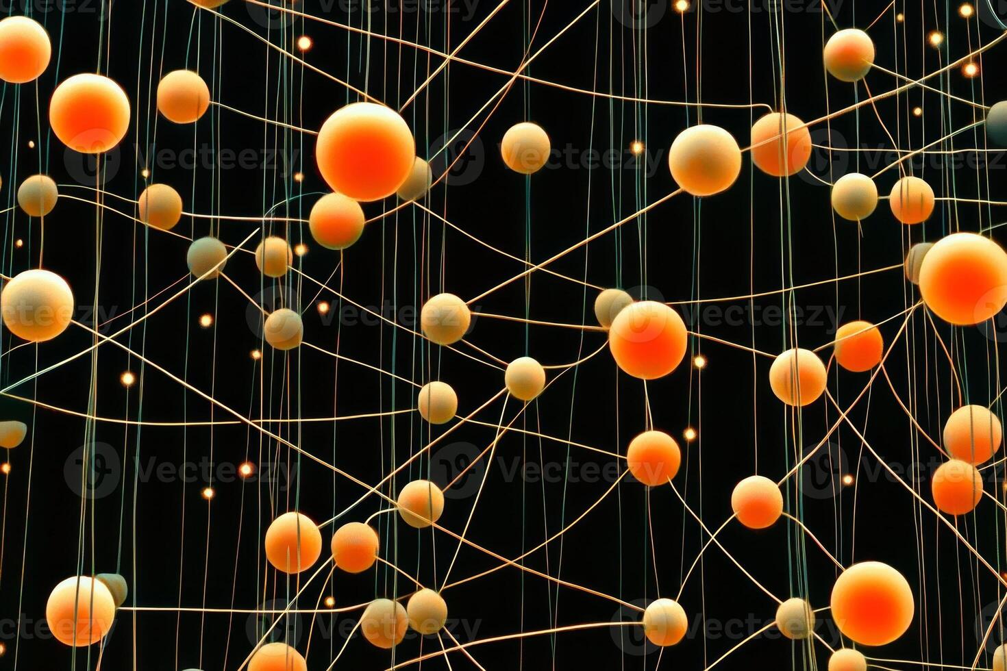 mesmerizing arrangement of tiny orange dots fills a black canvas, linked by luminous lines that mimic a cosmic constellation. This minimalist artwork evokes a sense of wonder. photo