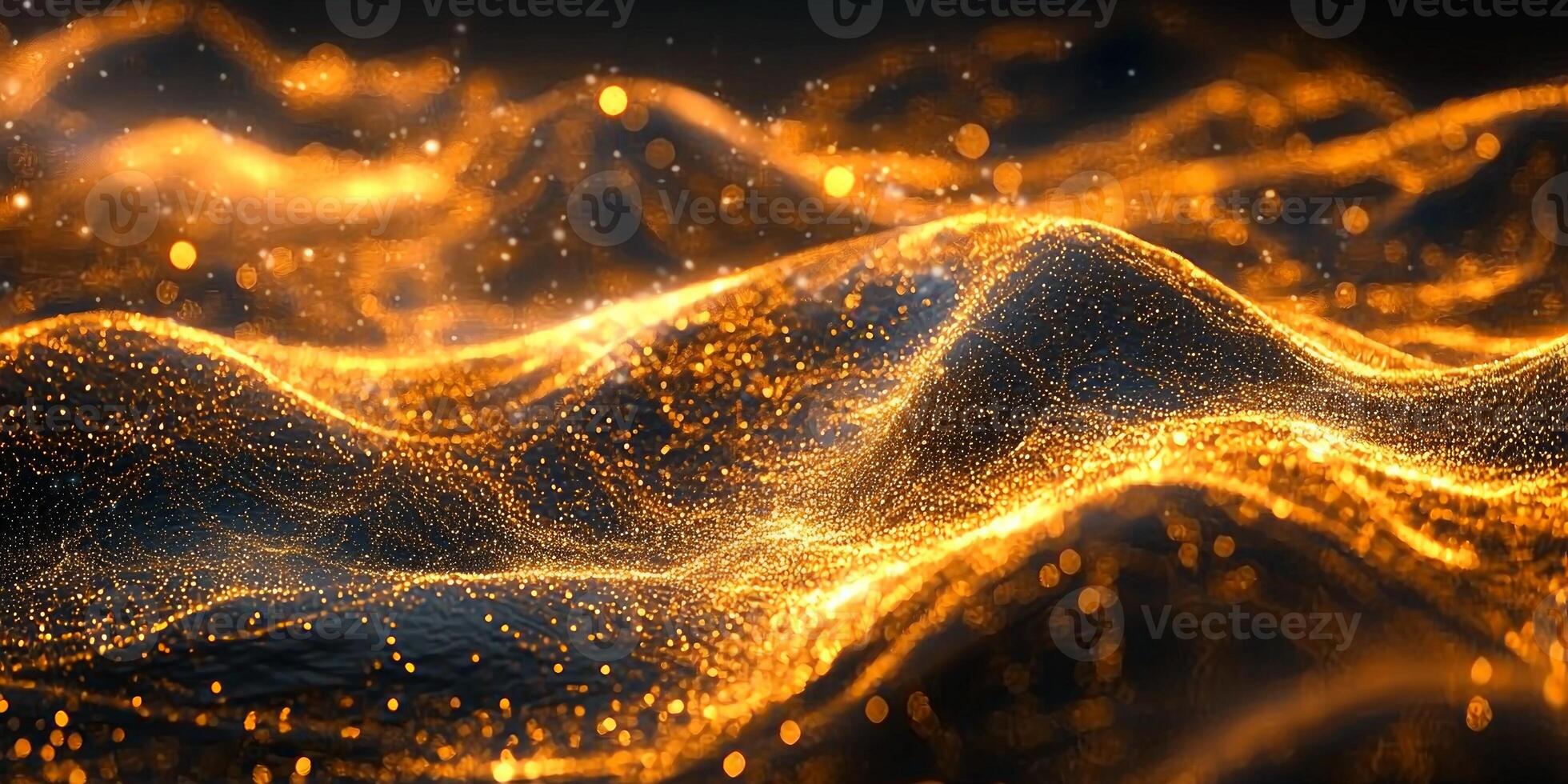 Radiant clusters of orange particles dance fluidly against a deep black background, forming a dynamic wave that exudes energy and artistic brilliance, captivating the viewer's imagination. photo
