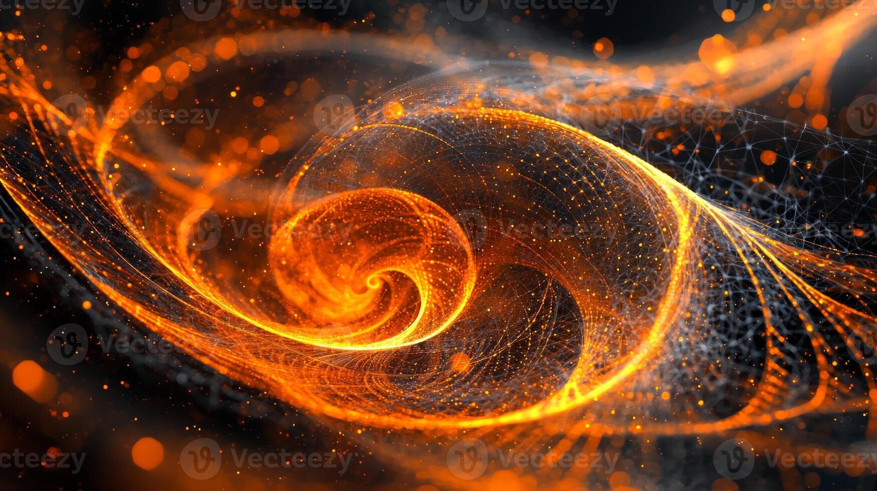 Glowing orange particles scatter gracefully on a dark background, forming a captivating spiral that radiates warmth and evokes a sense of cosmic wonder through its minimalist design. photo