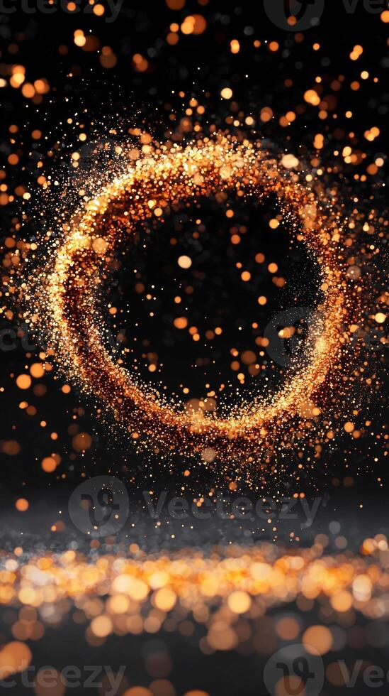 captivating pattern emerges as vibrant orange particles form a swirling vortex, emanating an intense glow from the center against a dark background, creating a sense of movement. photo