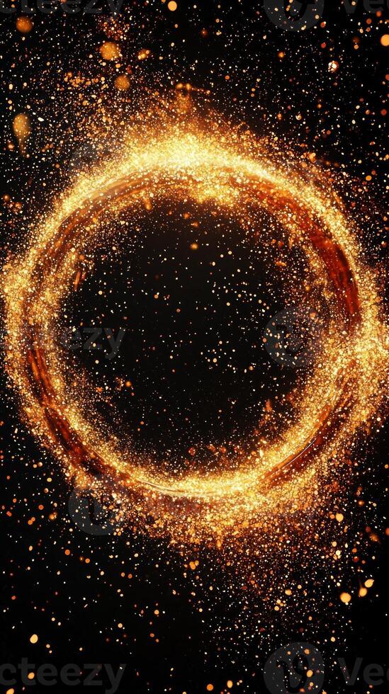 mesmerizing vortex of orange particles glows intensely from the center, swirling energetically in a dark space, creating a captivating abstract pattern that draws the eye. photo