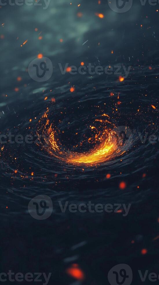 intriguing display of orange particles converges and spirals into a vortex, radiating a brilliant glow from the center against a deep black background, evoking a sense of energy and movement. photo