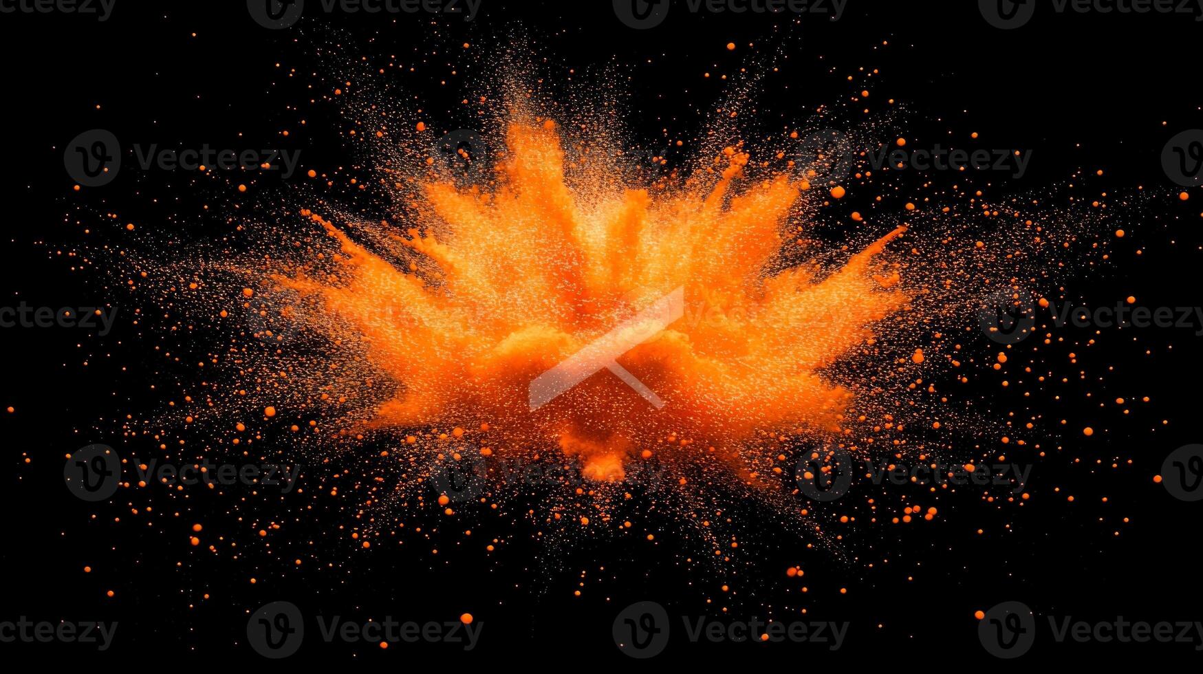 explosion of vibrant orange particles radiates from a central point, creating a dynamic display of glowing energy that disperses across a black background in a cosmic burst. photo