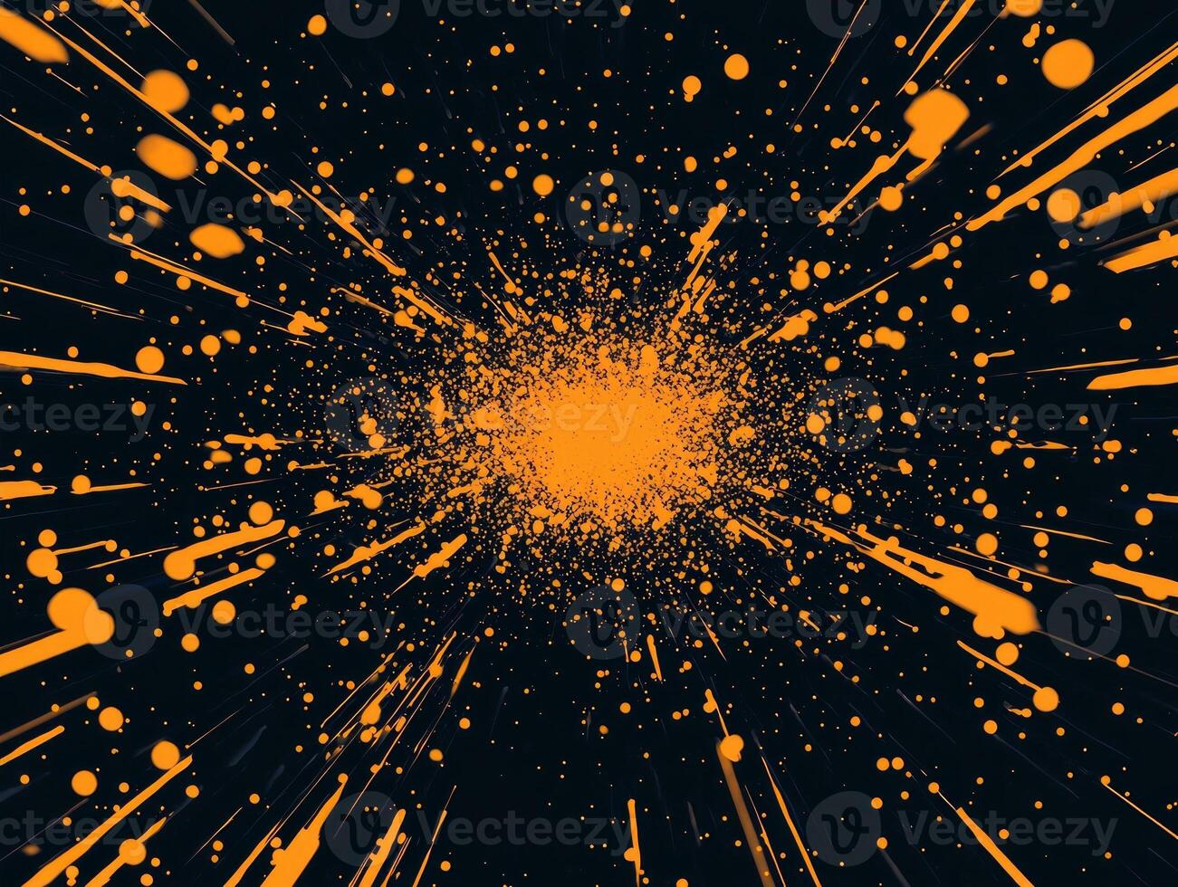 explosion of vibrant orange particles extends energetically from a central point, illuminating the dark canvas with a sense of movement and power. photo