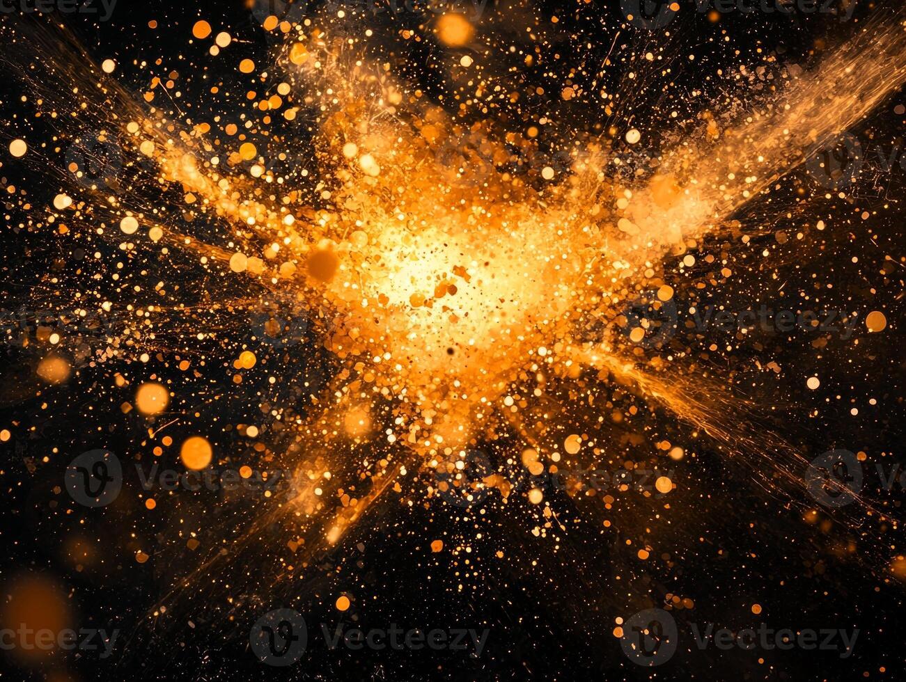 intense burst of orange particles erupts, forming a radiant sphere of energy while fragments scatter outward, creating a mesmerizing cosmic display in the darkness. photo