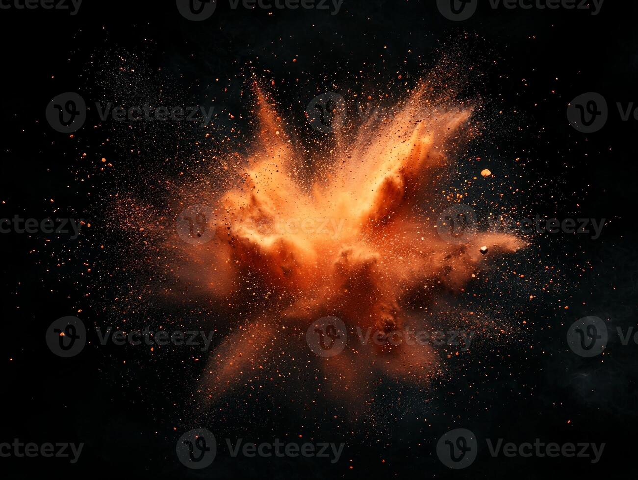 explosion of vibrant orange particles bursts into a fiery sphere, scattering dynamically through the darkness, showcasing intense energy and cosmic beauty. photo