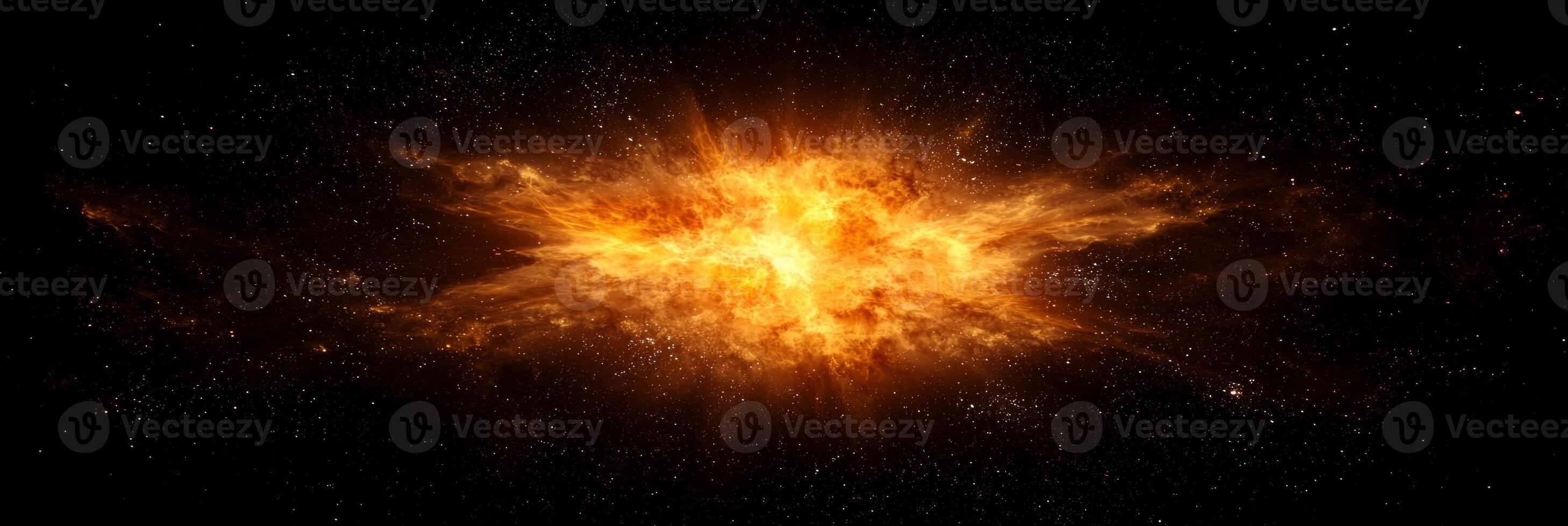 vibrant explosion of orange particles emits fiery energy, scattering and glowing dynamically, forming an awe-inspiring cosmic burst in the vast darkness of space. photo