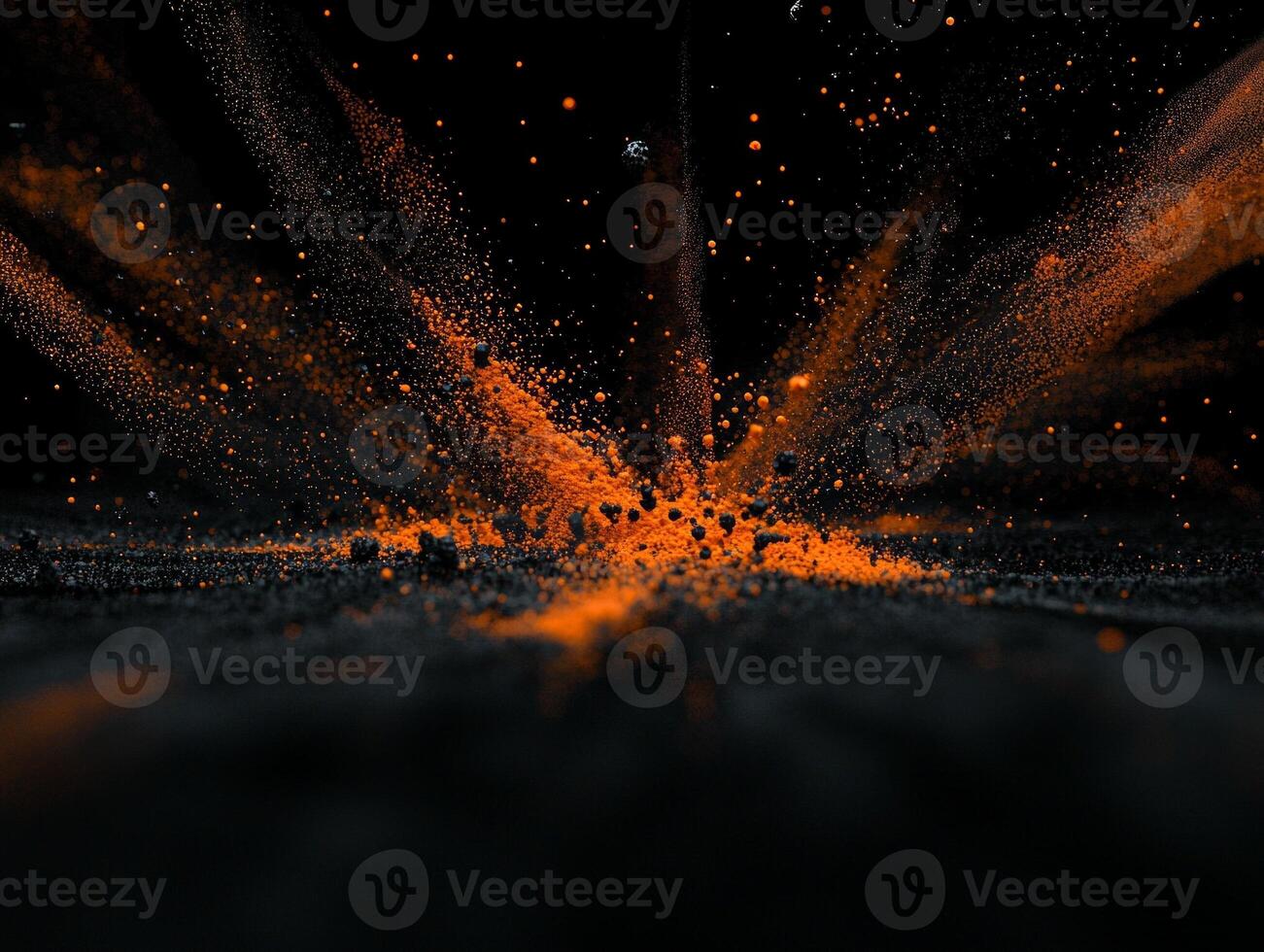 powerful burst of orange dots and particles erupts from the center, illuminating the dark background with a dynamic display of energy and color. The explosion captivates the viewer. photo