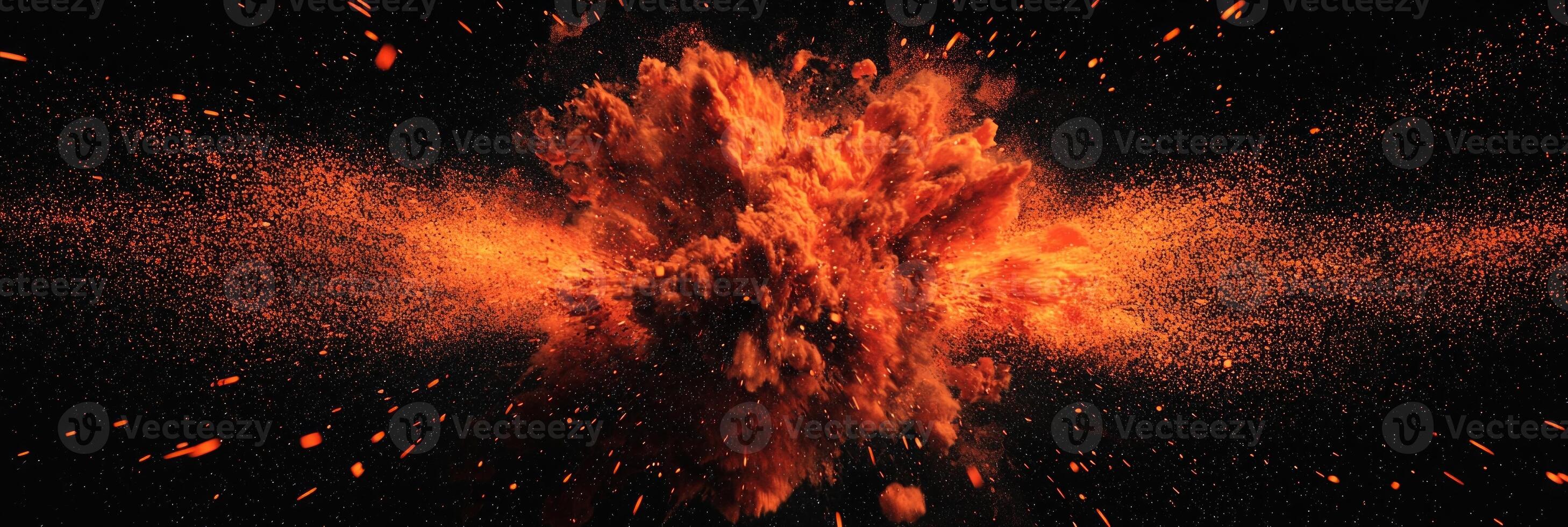 vibrant explosion of orange particles bursts forth, radiating intense energy and scattering glowing fragments into the dark void. The powerful cosmic display captivates the viewer. photo