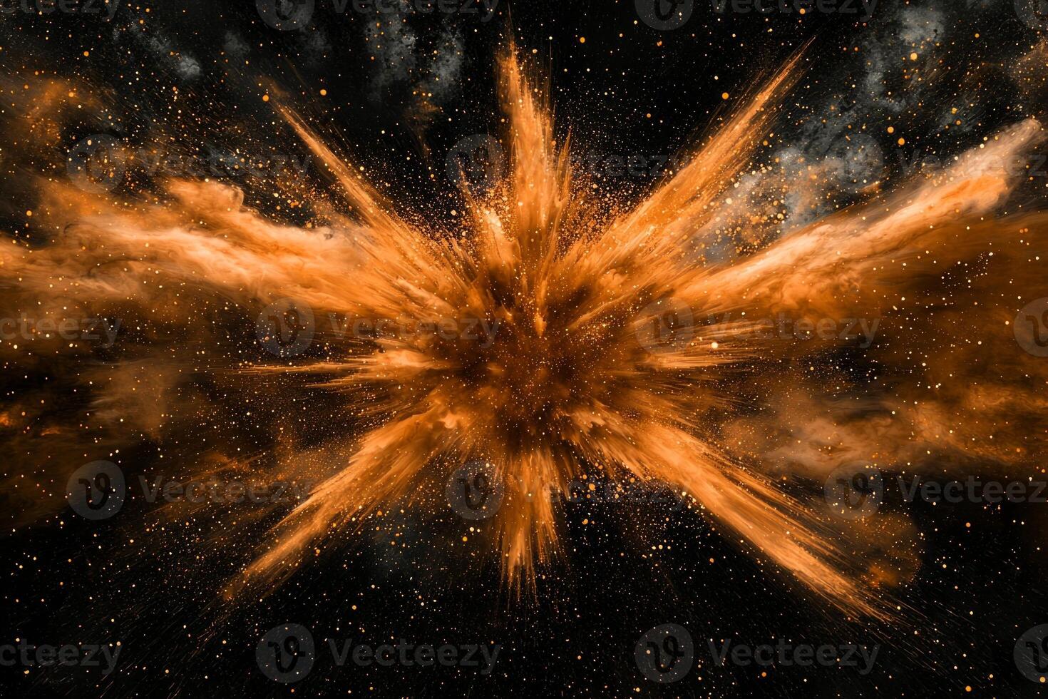 energetic burst radiates orange particles, scattering in all directions amid a black void, evoking a dynamic sense of power and chaotic beauty. photo