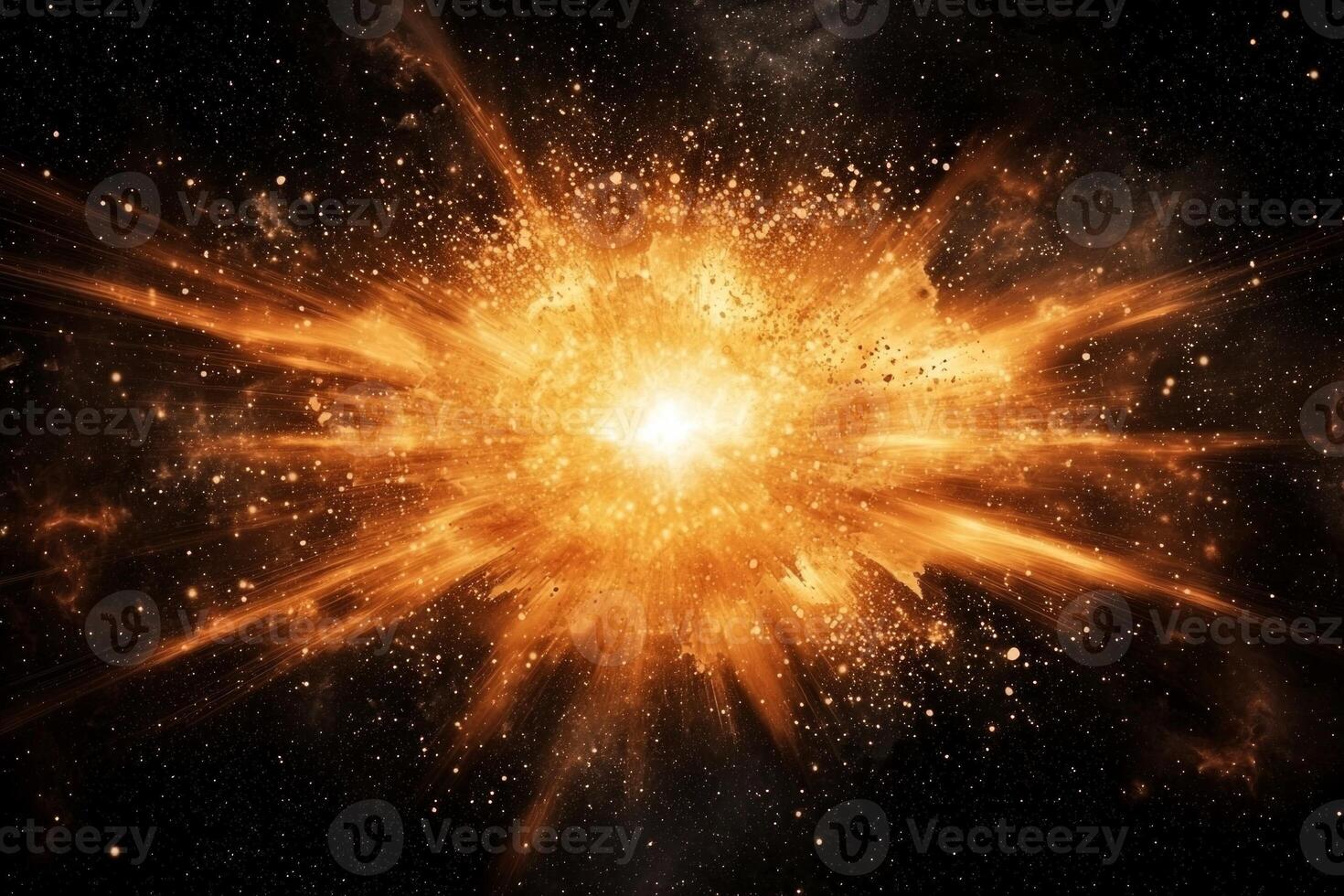 vibrant burst of orange particles erupts from the center, scattering fiery trails and glowing dust throughout the dark canvas. The explosion exudes high energy and movement. photo