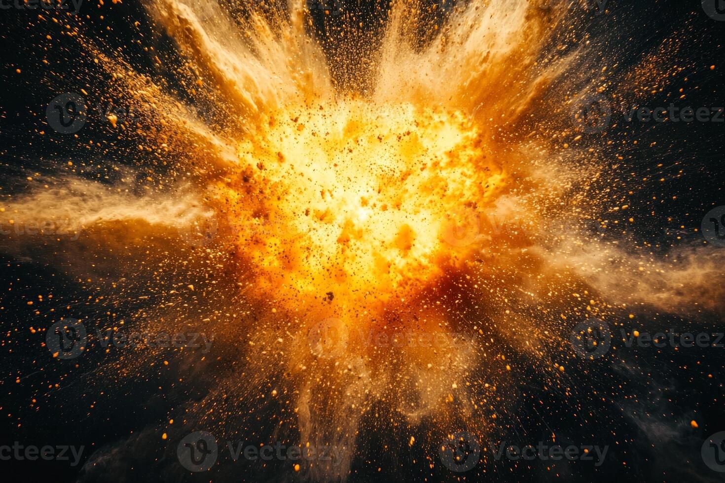 explosion of vibrant orange particles erupts from a central point, scattering glowing dust and fiery trails across a dark canvas with powerful energy and motion, creating a mesmerizing visual. photo