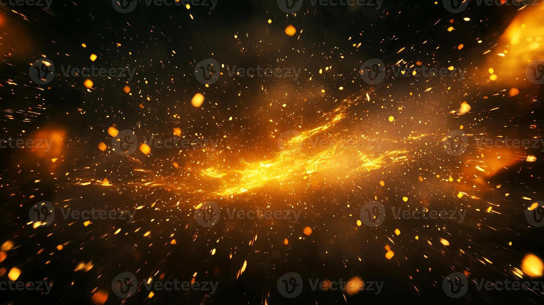 captivating explosion of orange particles bursts from the center against a dark backdrop, scattering fiery trails and radiating incredible cosmic energy in every direction. photo