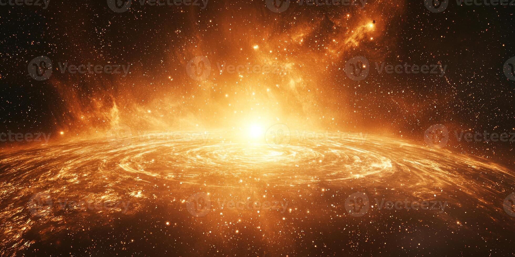 awe-inspiring explosion unfolds, with a glowing core at its center. Orange particles swirl outward, creating a radiant wave of fiery light and cosmic dust that captivates the darkness. photo