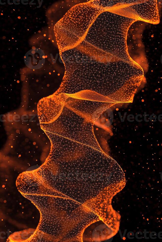 explosion of vibrant orange particles unfurls dynamically, creating a wave of radiant energy. Glowing dust trails extend outward against the dark cosmic backdrop, evoking a sense of motion. photo