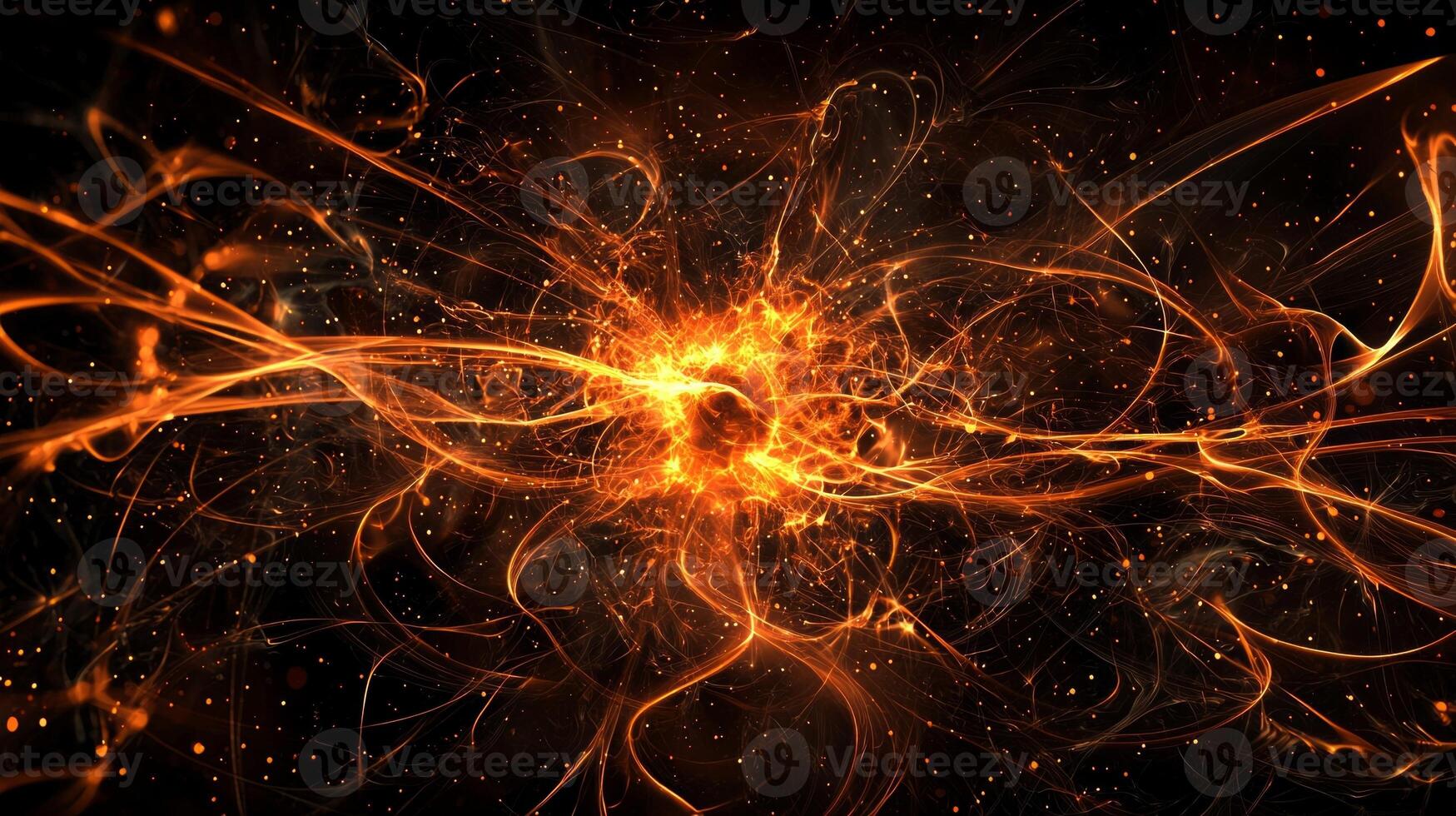 captivating eruption of orange particles bursts forth from a central point, illuminating the dark background with intense energy. Fiery trails scatter outward, creating an enthralling display. photo
