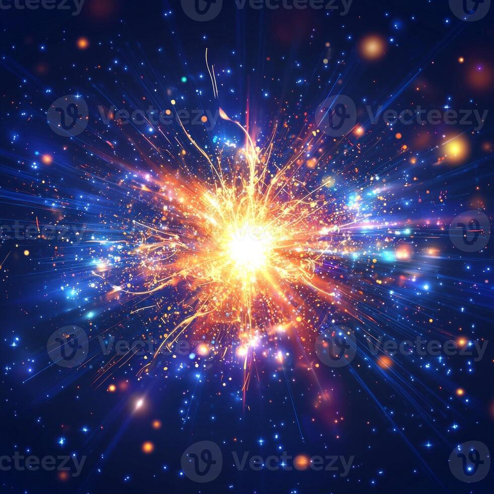 vibrant explosion of orange particles radiates outward from a dazzling core, creating a stunning display of energy dispersing across a dark, cosmic background, full of intensity. photo