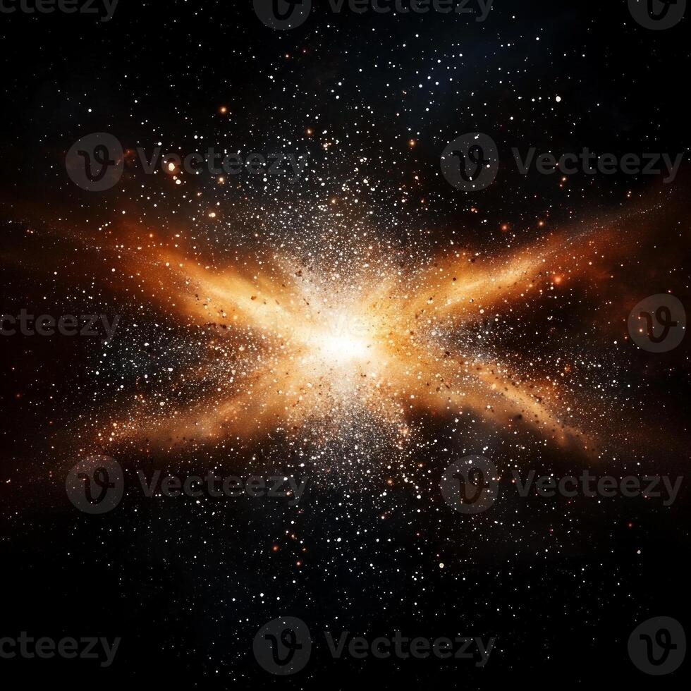 stunning burst of cosmic energy unfolds as radiant orange particles erupt from a luminous core, dispersing outward in a spectacular celestial display against a pitch-black void. photo