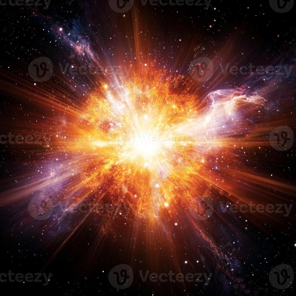 powerful explosion of orange particles bursts forth from a bright core, dynamically dispersing in all directions against a backdrop of darkness, embodying cosmic energy. photo