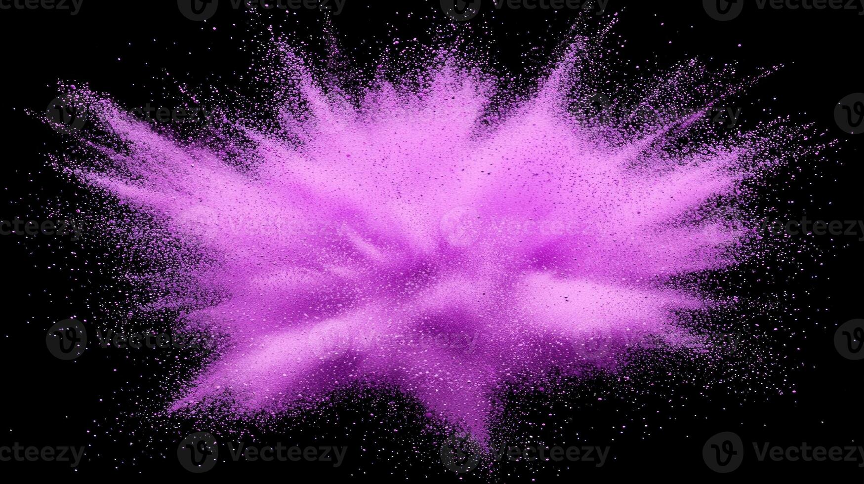 vivid explosion of purple particles emanates outward against a dark backdrop, showcasing intense energy as particles scatter in all directions, resembling a cosmic phenomenon. photo