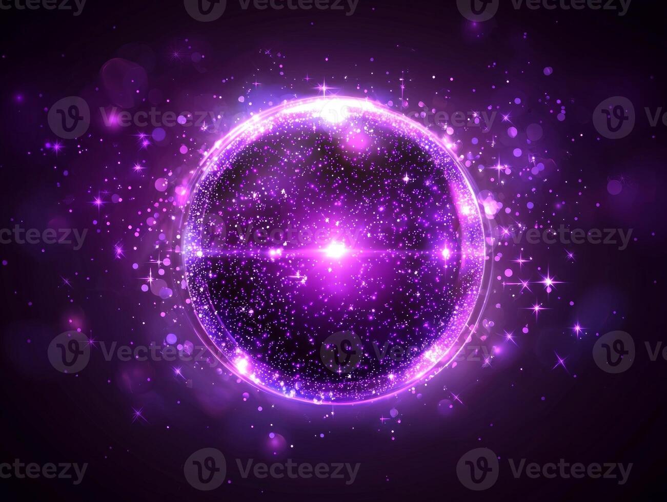 vibrant explosion of purple particles creates a glowing sphere of energy, with luminous particles scattering dynamically against a dark cosmic background, emanating a sense of mystery and wonder. photo