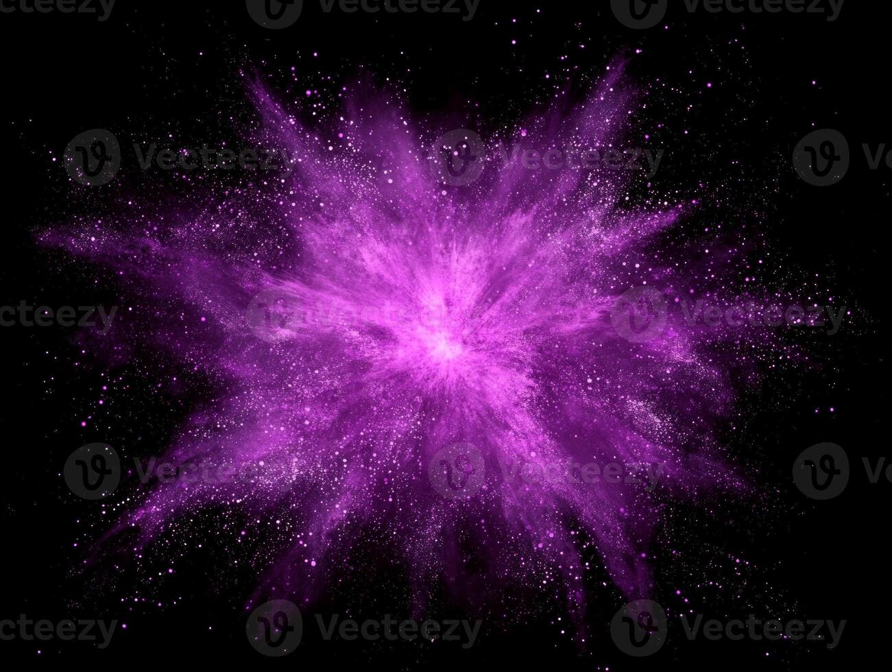 breathtaking explosion of purple particles bursts forth from a glowing center, scattering outward in a wave of energy against a pitch-black backdrop, evoking a radiant cosmic phenomenon. photo