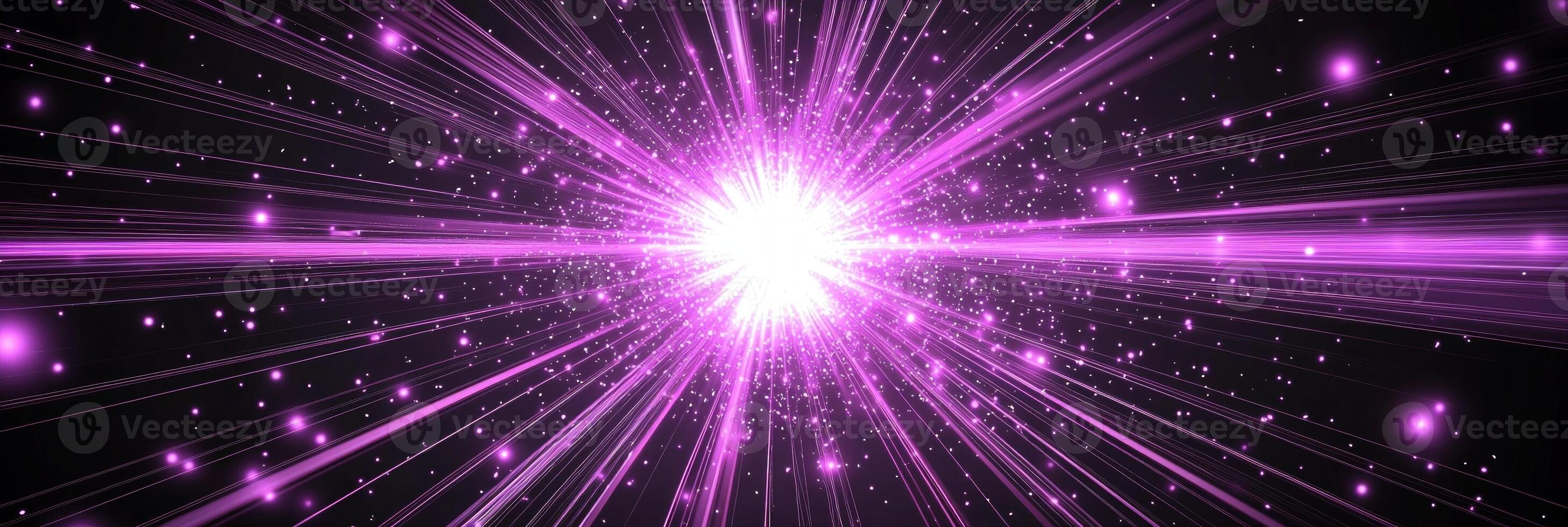 mesmerizing explosion of bright purple particles disperses outward, radiating energy into the cosmic void. Glowing fragments dance across the darkness, creating a stunning visual spectacle. photo