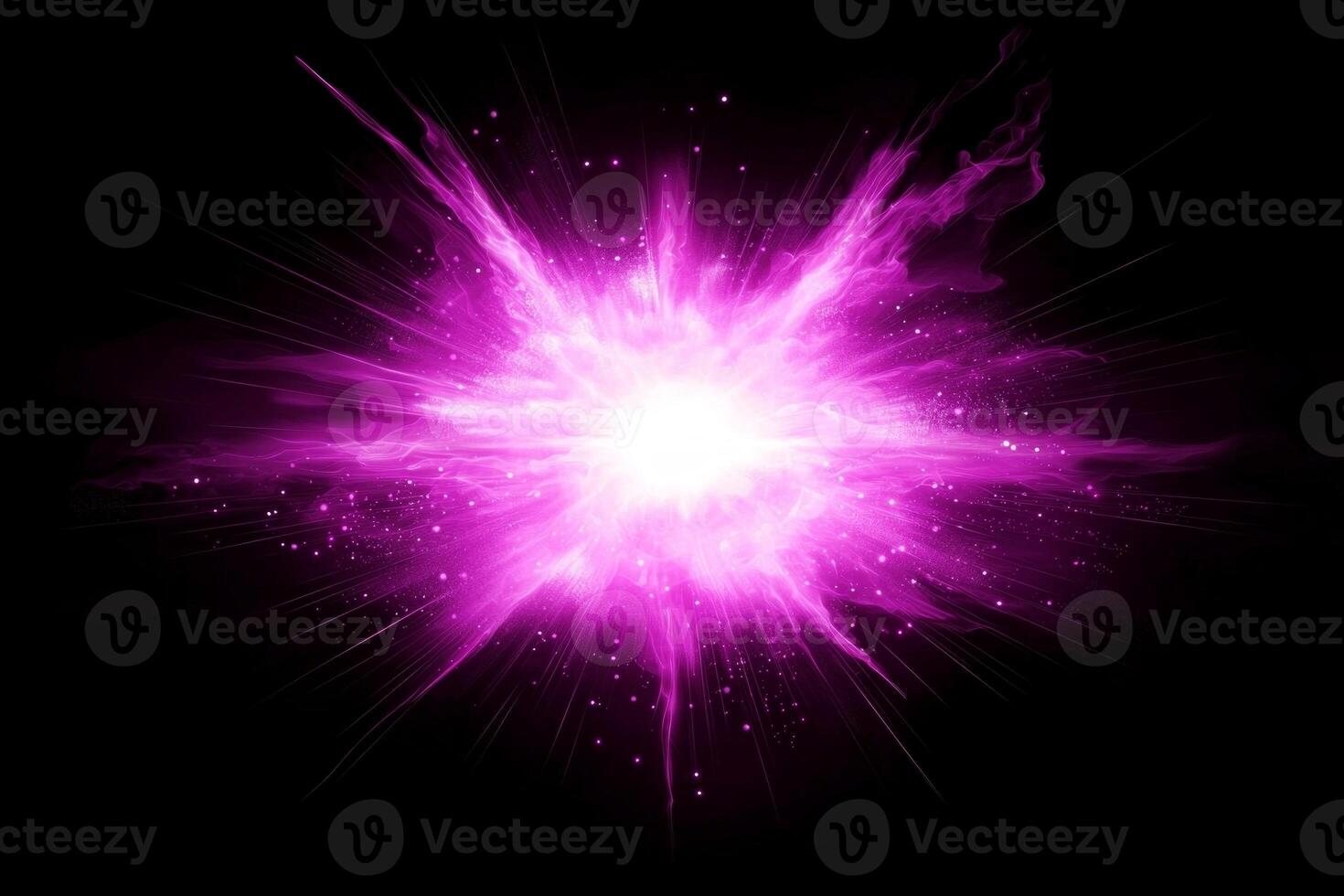 vibrant explosion erupts with glowing purple particles bursting outward, creating a mesmerizing display of energy and motion against the deep black background. photo