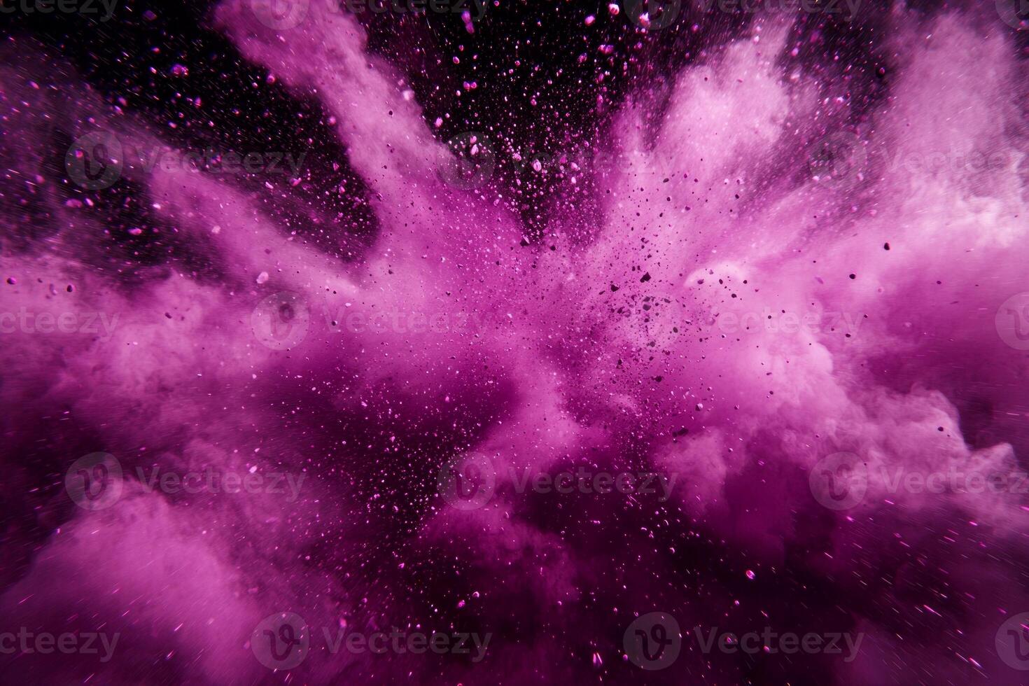 mesmerizing burst of purple particles expands outward from the center, accompanied by glowing trails and energetic dust, creating a stunning visual display on a dark canvas. photo