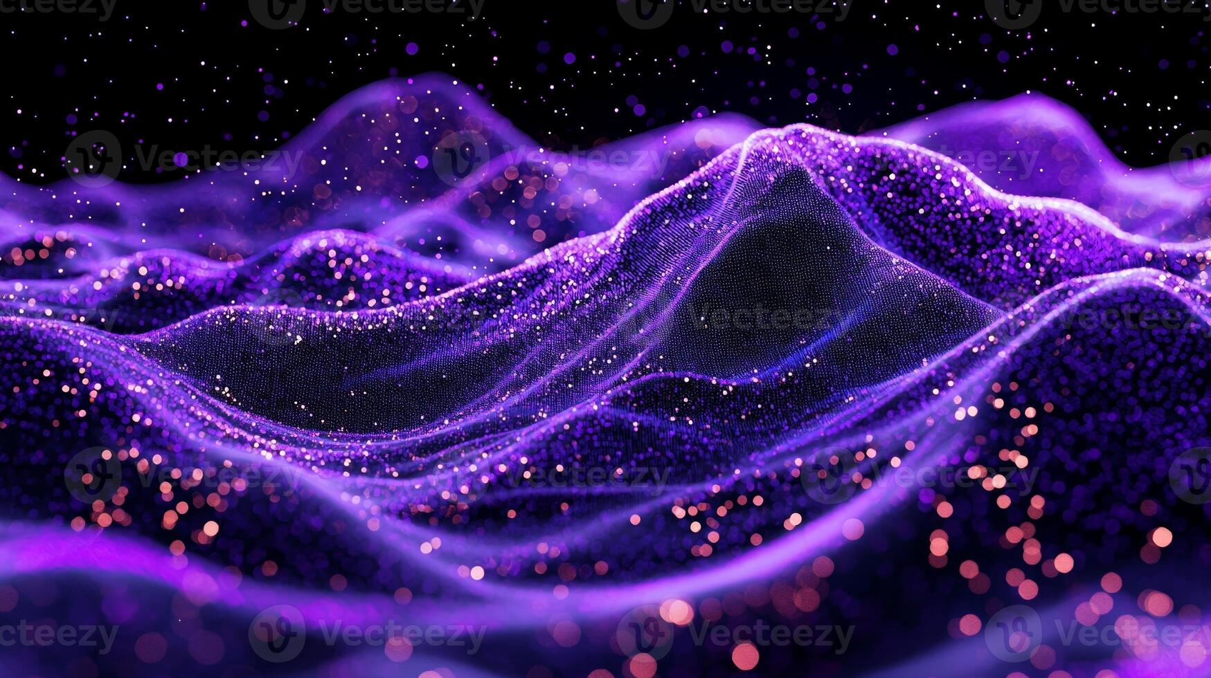 intense eruption of purple particles radiates from a central point, scattering outward and creating a stunning wave of luminous energy amidst the darkness. photo