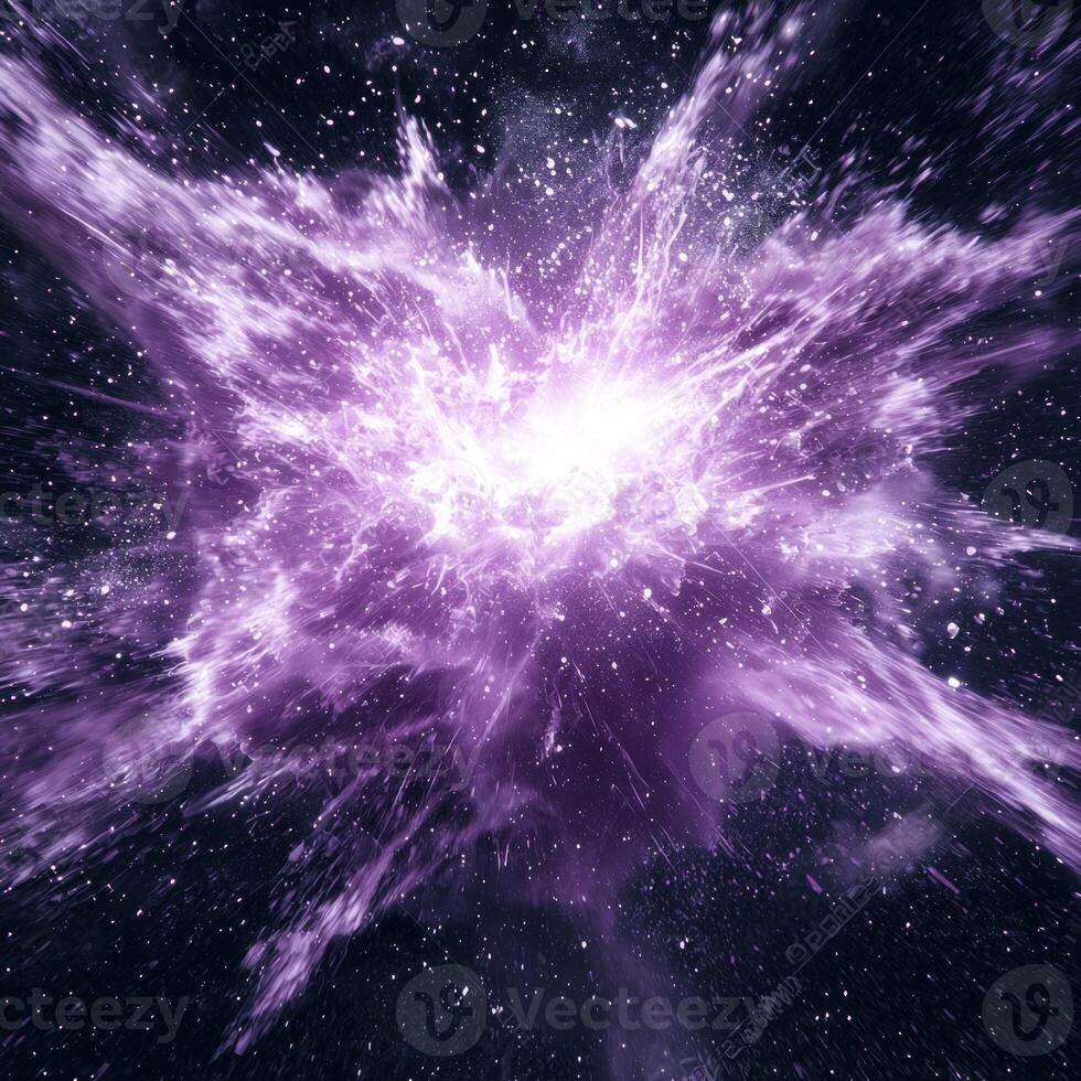 stunning display of energy unfolds as a bright purple explosion erupts from a glowing core, sending particles spiraling outward in a captivating cosmic event against a deep black space. photo