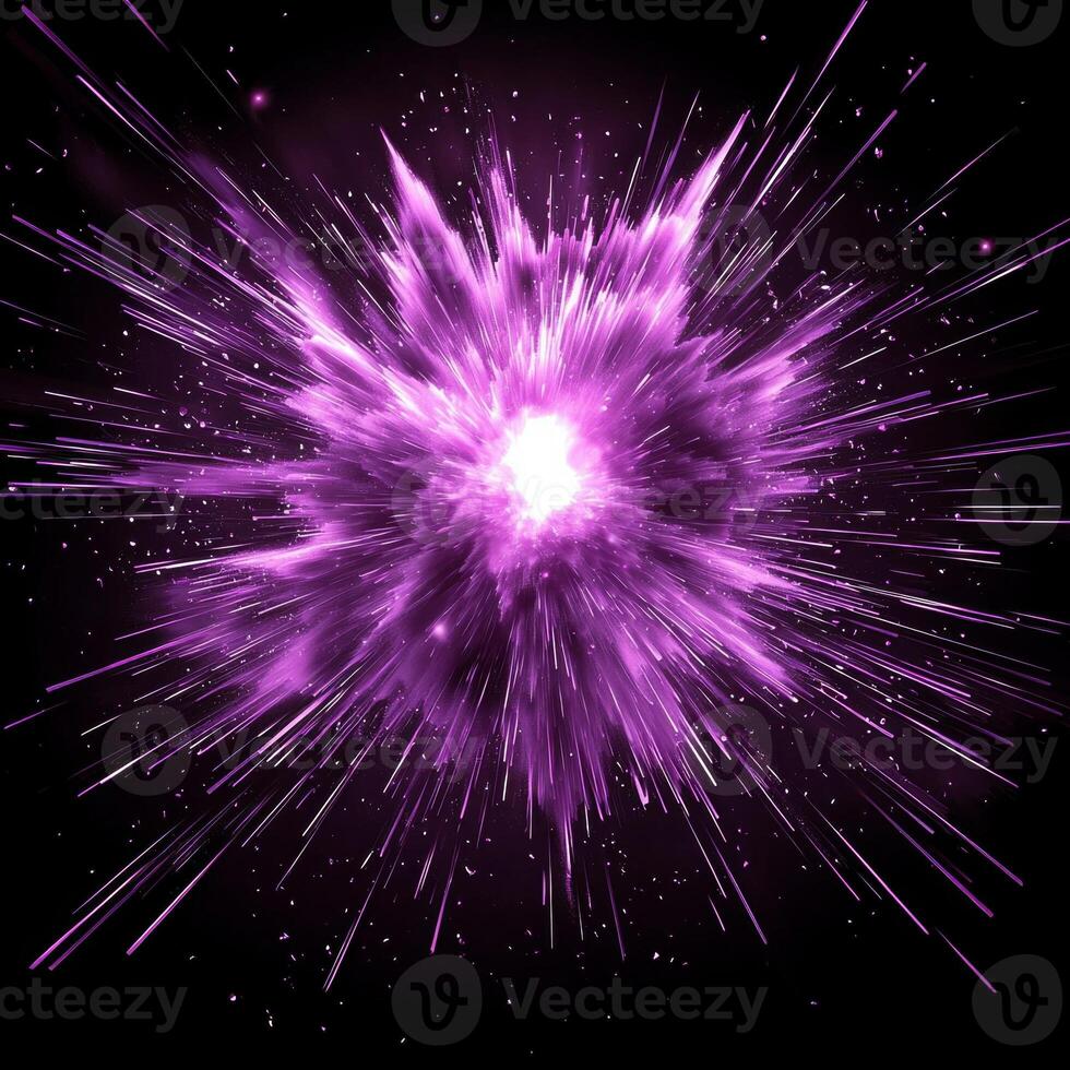 powerful purple explosion bursts forth, scattering vibrant particles from a bright glowing core. This cosmic event creates an intense, high-energy spectacle in the darkness. photo