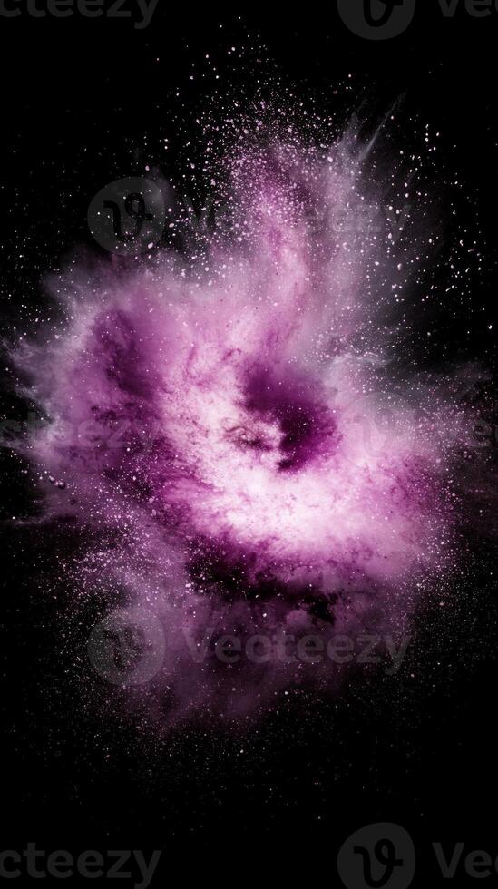 mesmerizing burst of purple particles radiates outward, forming a swirling wave of glowing energy photo