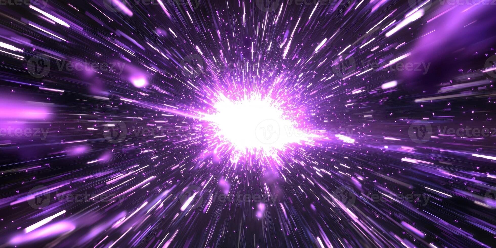 stunning explosion of purple particles bursts forth from a glowing core, sending waves of vibrant light cascading outward in a mesmerizing cosmic display. photo