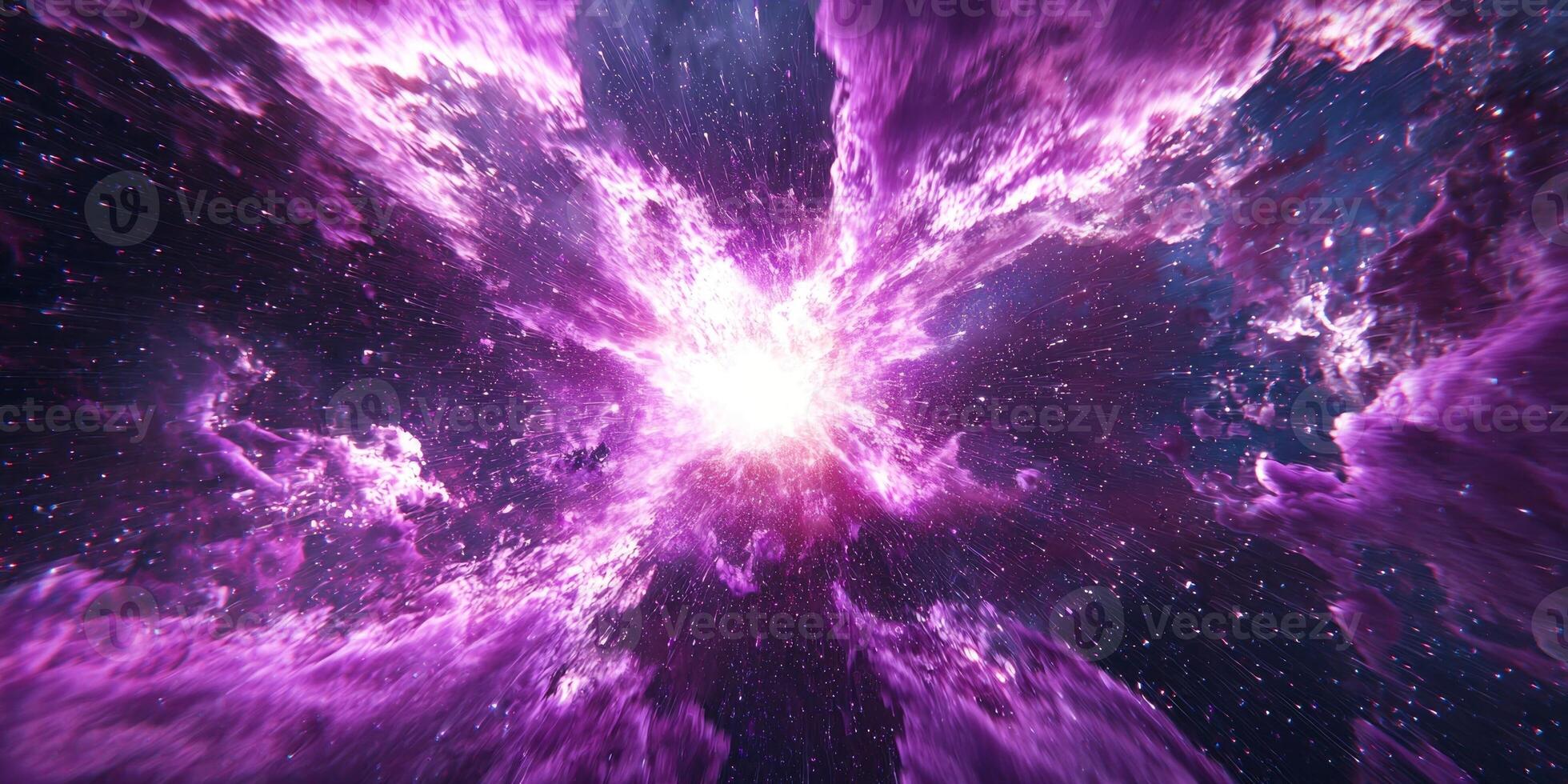 stunning display unfolds as particles in radiant purple erupt from a luminous core, creating cascading waves of vibrant light across a cosmic expanse, evoking a sense of wonder and energy. photo