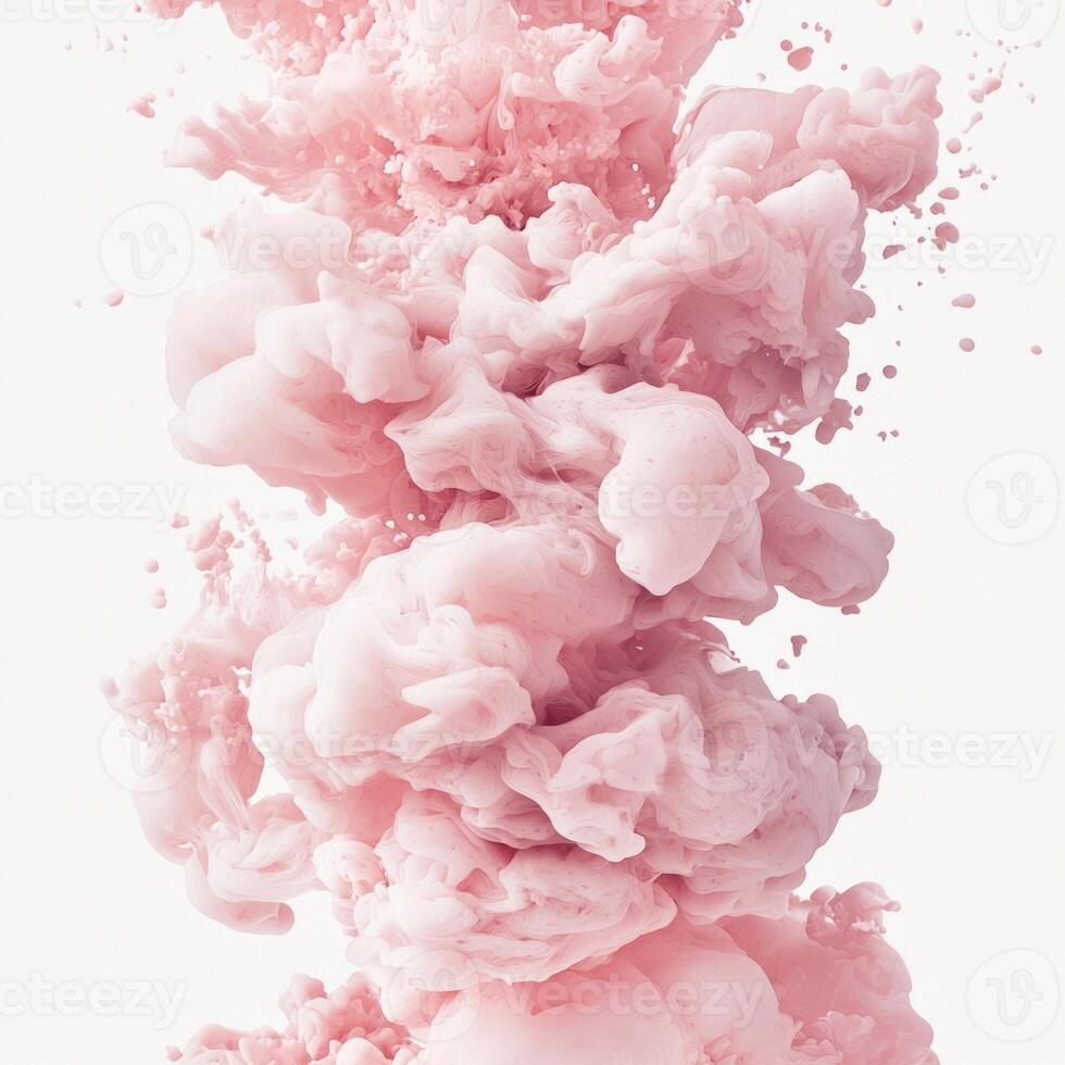 Delicate wisps of pink smoke gracefully rise from the bottom, creating a mesmerizing spectacle of soft hues that fade into transparency, all set against a clean white background. photo