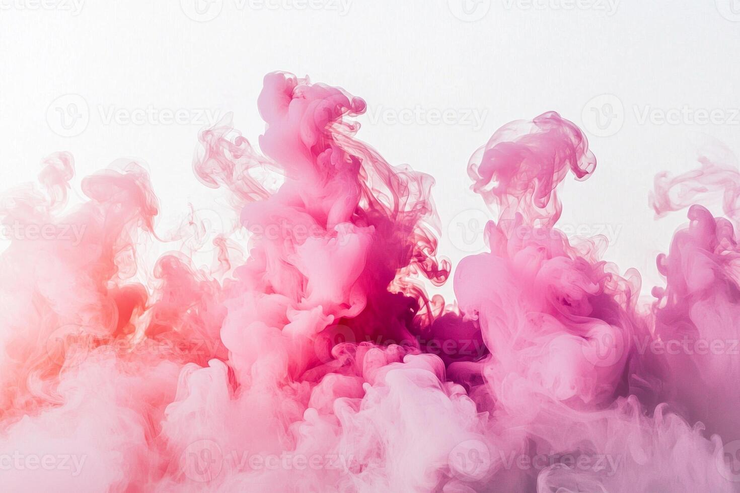 Thick pink smoke billows upward, swirling softly against a bright white background, creating an ethereal ambiance that captivates the viewer. The delicate hues blend seamlessly. photo