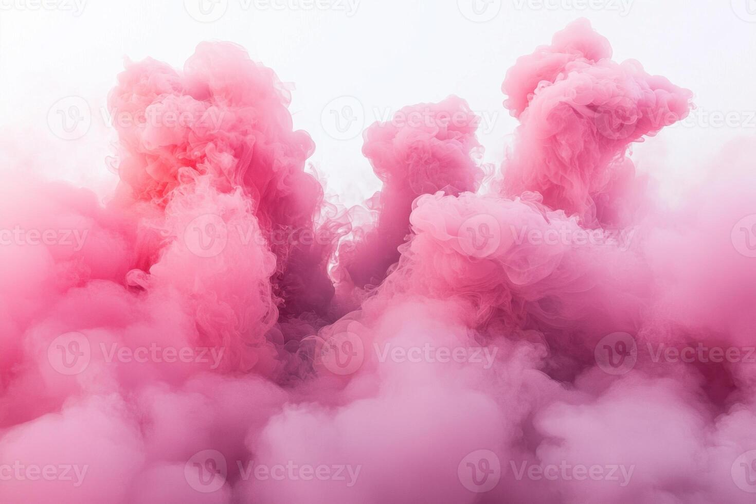 Thick pink smoke billows upward with soft edges and varying opacity, blending beautifully against a stark white background. The ethereal effect captivates the viewer. photo