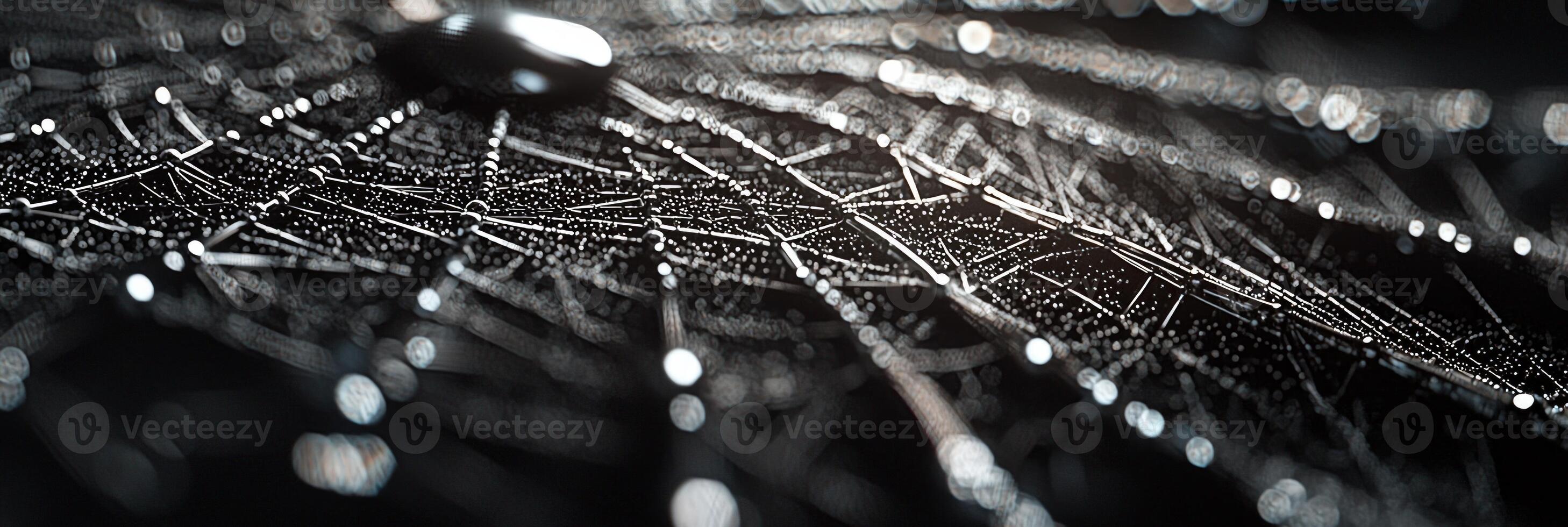 Silver particles intricately connect to form a captivating web-like structure, shimmering against a rich black background, evoking a sense of futuristic artistry. photo